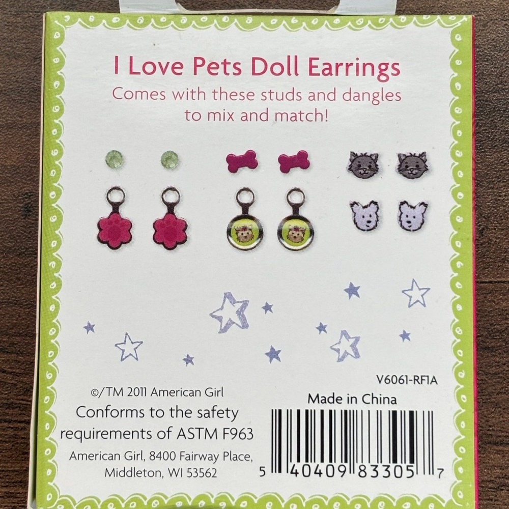 NIB AMERICAN GIRL Doll I LOVE PETS Earrings Set 6 Pairs Dog Cat Rare 2011 NEW - Picture 3 of 7